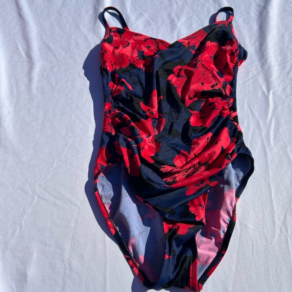 Source Unknown Navy One-Piece Swimsuit with Red Floral Pattern size M - Picture 3 of 6
